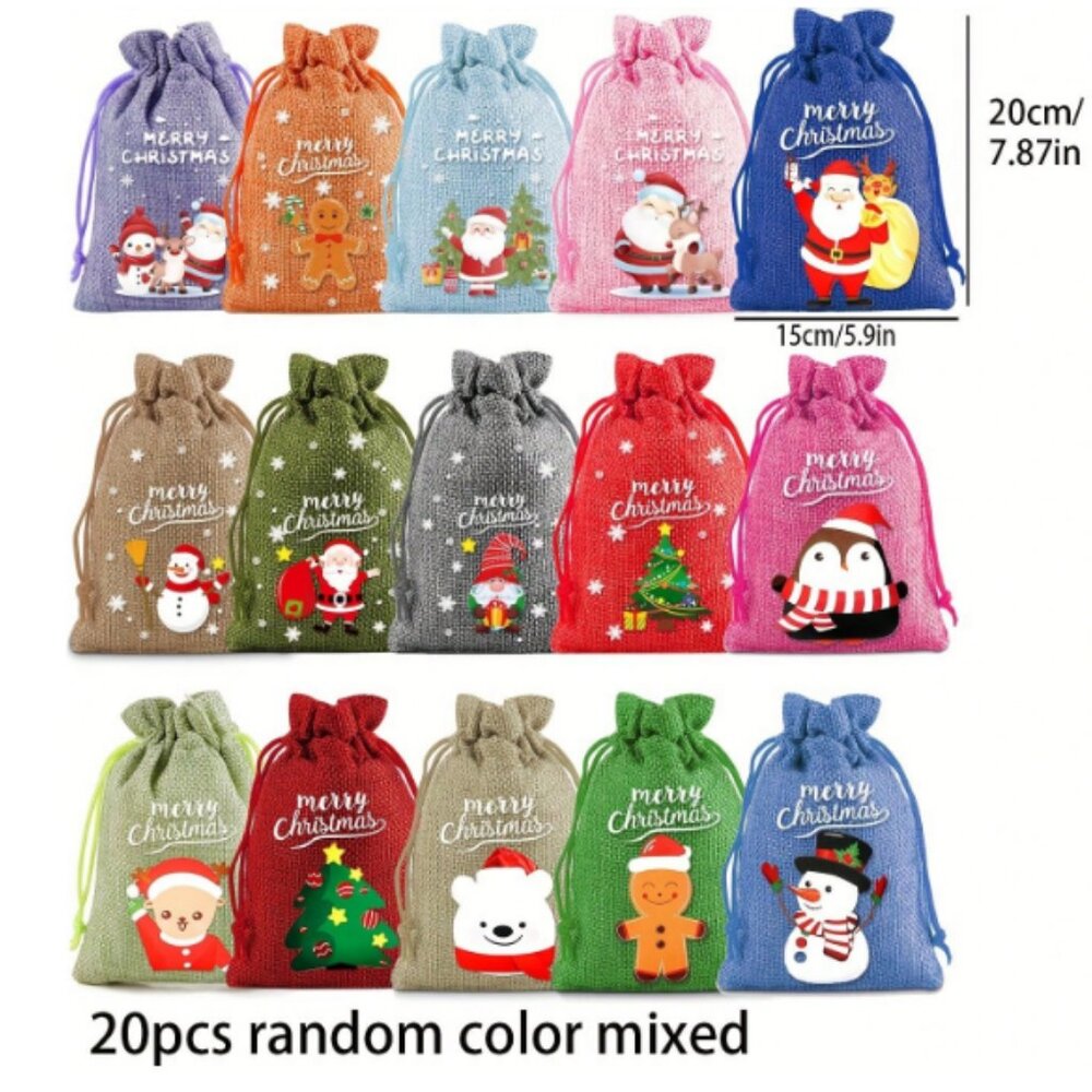 20PCS Large Christmas Burlap Bags With Drawstring, Christmas Sub Burlap Bags, Ch